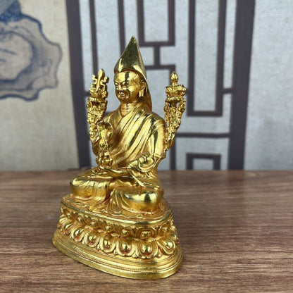 Gilded Copper Tsongkhapa Buddha Statue 10cm Tibetan Home Altar Decor