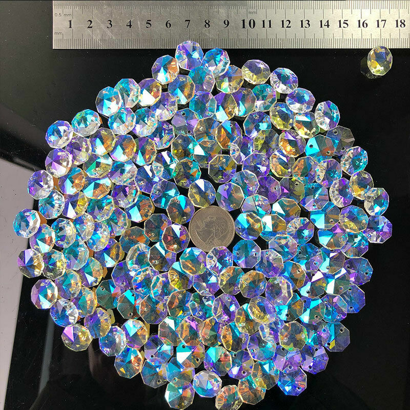 100PC AB Aurora Feng Shui Octagonal Bead Pendant Glass Faceted Prism Chandelier