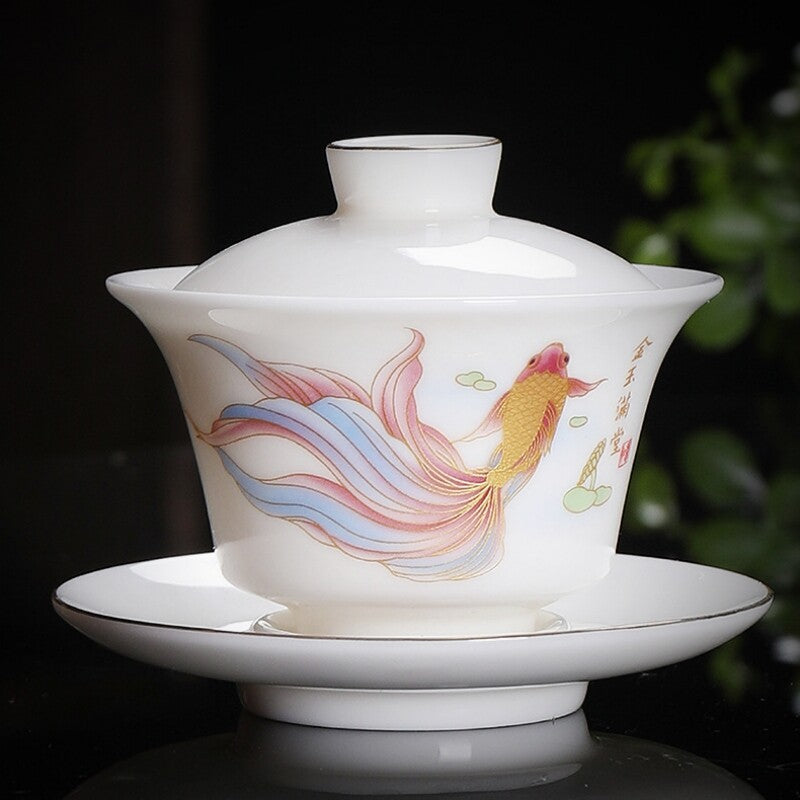 Complete Tea Set Fat Mutton Jade Porcelain Gaiwan Tureen Fish Drawing Tea Cups