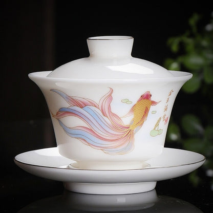 Complete Tea Set Fat Mutton Jade Porcelain Gaiwan Tureen Fish Drawing Tea Cups