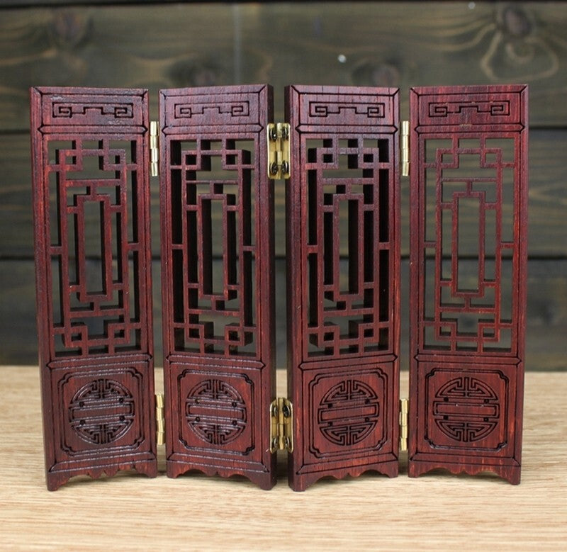 Wood Carved Chinese Folding Screen Lacquer Miniature Furniture 4 Panel Decor