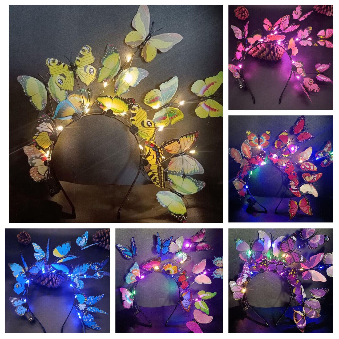 Headband 3 Light Modes LED Glow Butterfly Flower Branch Party Costumes Headdress