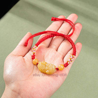 Certified Natural Yellow Jade Pixiu Hand Woven Peach Blossom Knot Bracelet