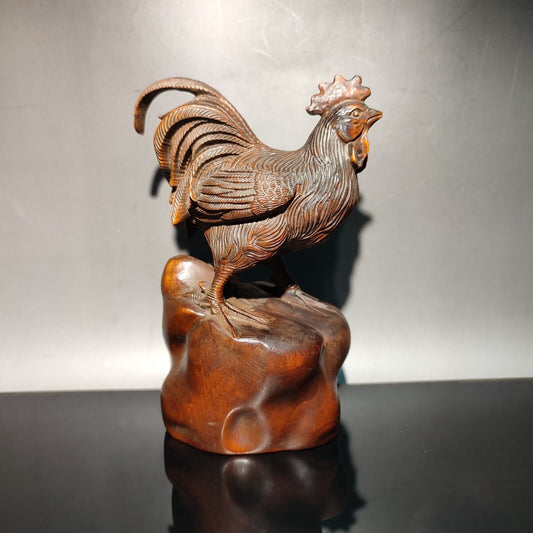 5" vintage Boxwood chinese antique wooden carving Rooster statue wood home decor