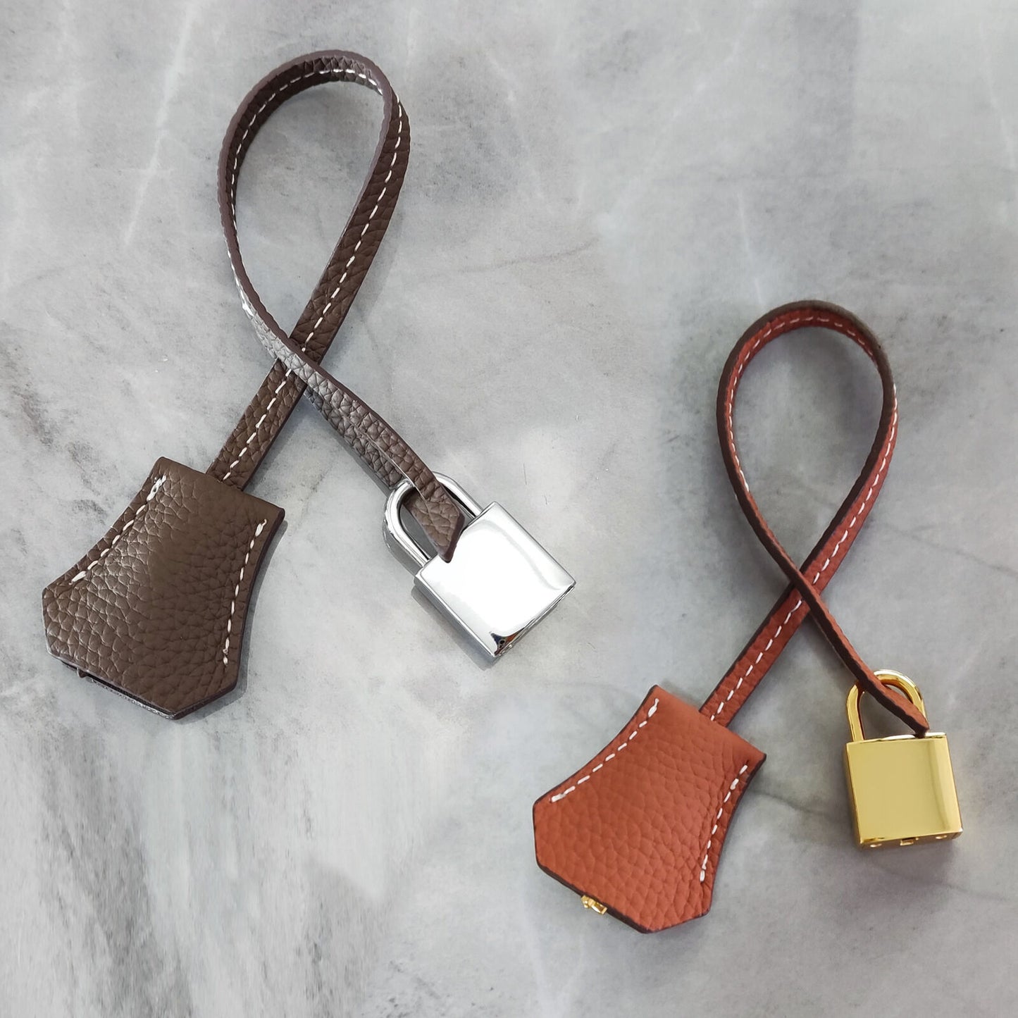 Real Cowhide Leather Clochette Bag Charm Gold/ Silver Padlock & Key for Handbags