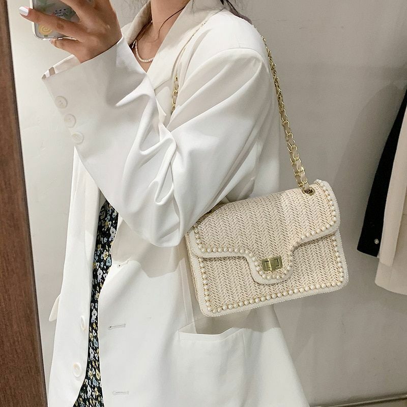 Women Bag Chain Straw Summer Pearl Hand Woven Straw Shoulder Bags Small Square