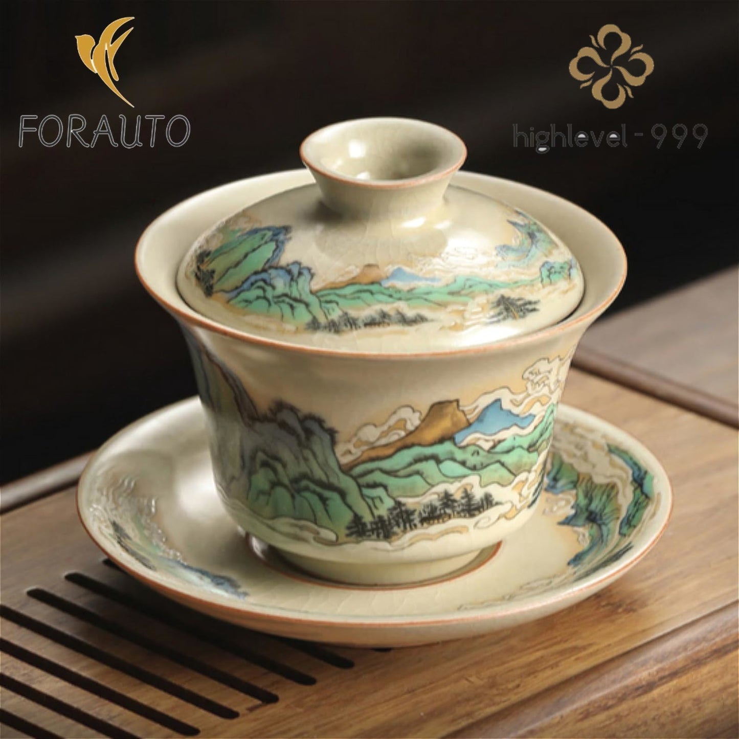 Ruyao Beige Ceramics Gaiwan 150ml 5.1oz Scenery Chinese Teacup Tea set