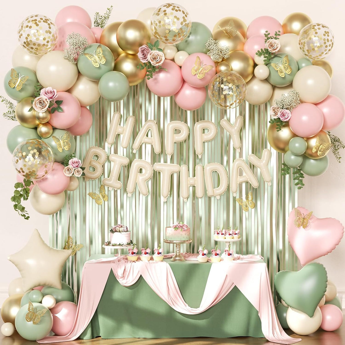 Pink and Sage Green Birthday Decorations, Pink Green Sand White Metallic Gold Fo