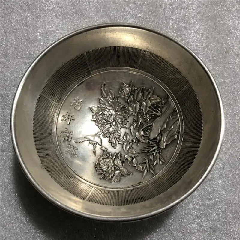 Silver Antique Copper Bowl Gilt Carving Flower Blooming Wealth Honor