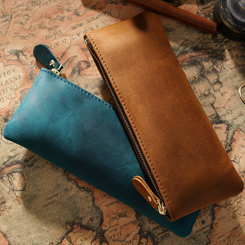 Handmade Crazy Horse Leather Vintage Larege Pen Bag Pencil Case for 5-10 Pens