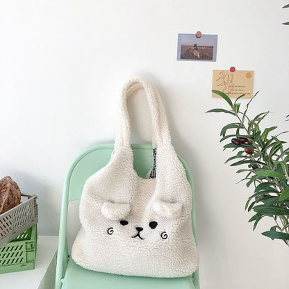 Winter Soft Plush Bag Women Cartoon Embroidery Imitation Lamb Hair Shoulder Bag
