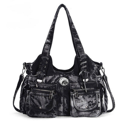 Ladies Punk Rock Travel Denim Rivet Shoulder Handbag Messenger Denim Bag Fashion