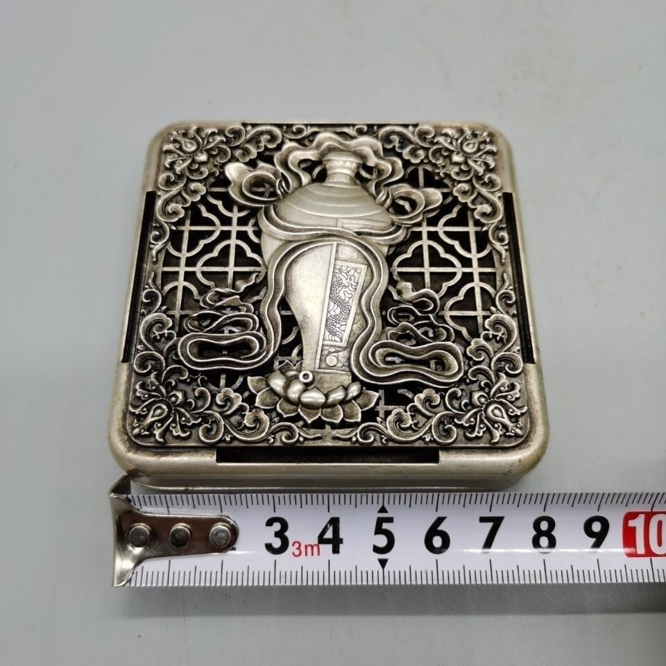 Rare Chinese miao silver tibet silver OLD handmade lotus flower inkstone box