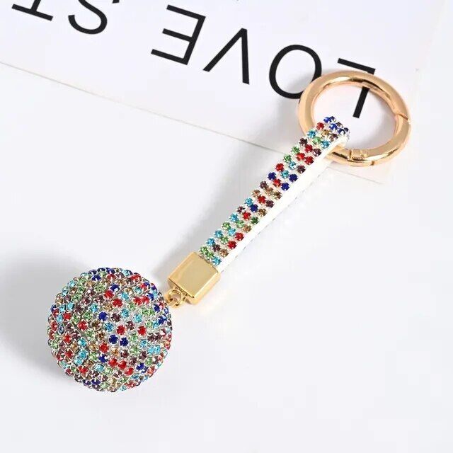 Rhinestone Ball Leather Strap Key Chain Pendant Charm Crystal Purse Bag Car Ring