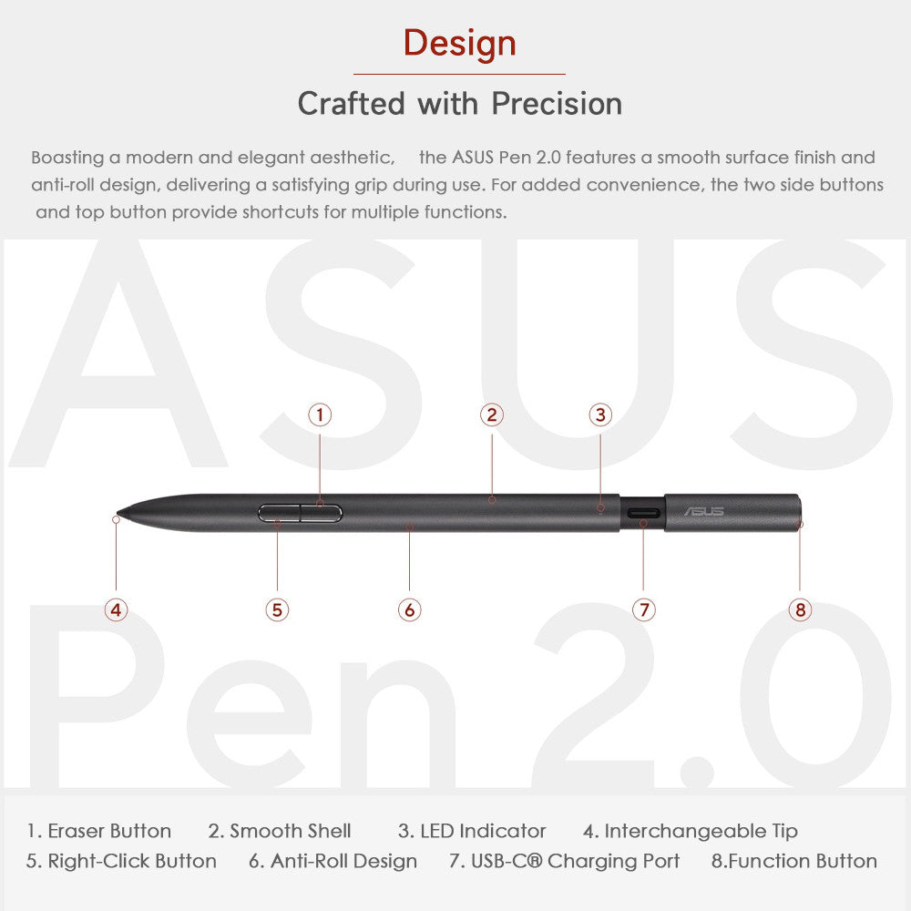 Original ASUS Pen 2.0 SA203H – MPP 2.0, 4096 Levels, USB-C Charging, 4 Tips