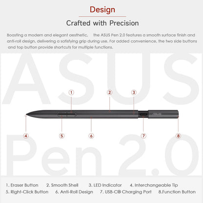 Original ASUS Pen 2.0 SA203H – MPP 2.0, 4096 Levels, USB-C Charging, 4 Tips