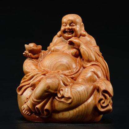 7CM Wooden Laughing Buddha Statue Happy Buddha Carving Home Decor Figurine Gift