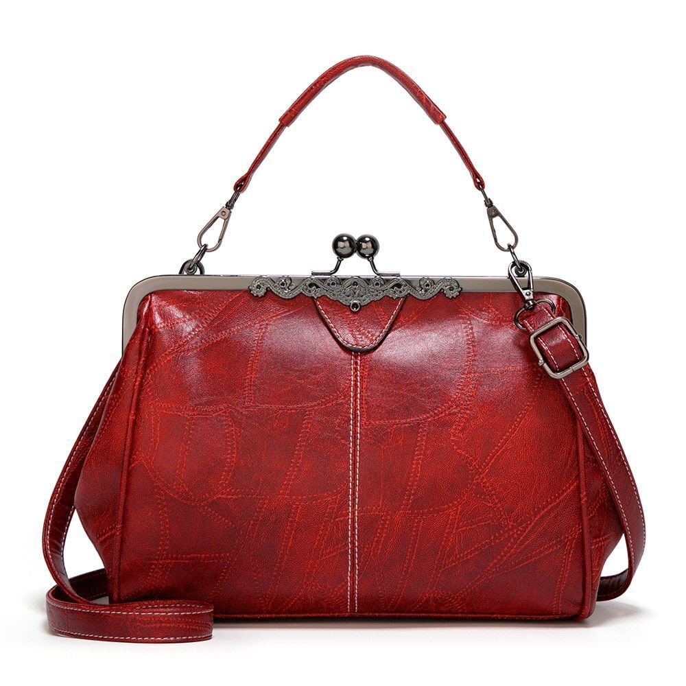 Vintage Small Shoulder Bag Retro Handbags Kiss Lock Crossbody Purse Leather Bag