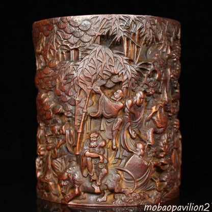 Vintage Chinese Wood Brush Pot Old Bamboo Carved Buddha Arhat Pen Holder