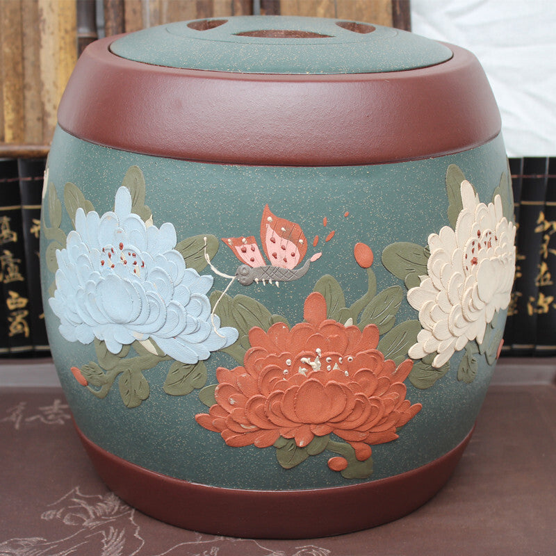 Real Yixing Zisha Purple Clay Tea Canister With Lid Sealed Floral Relief Big Jar