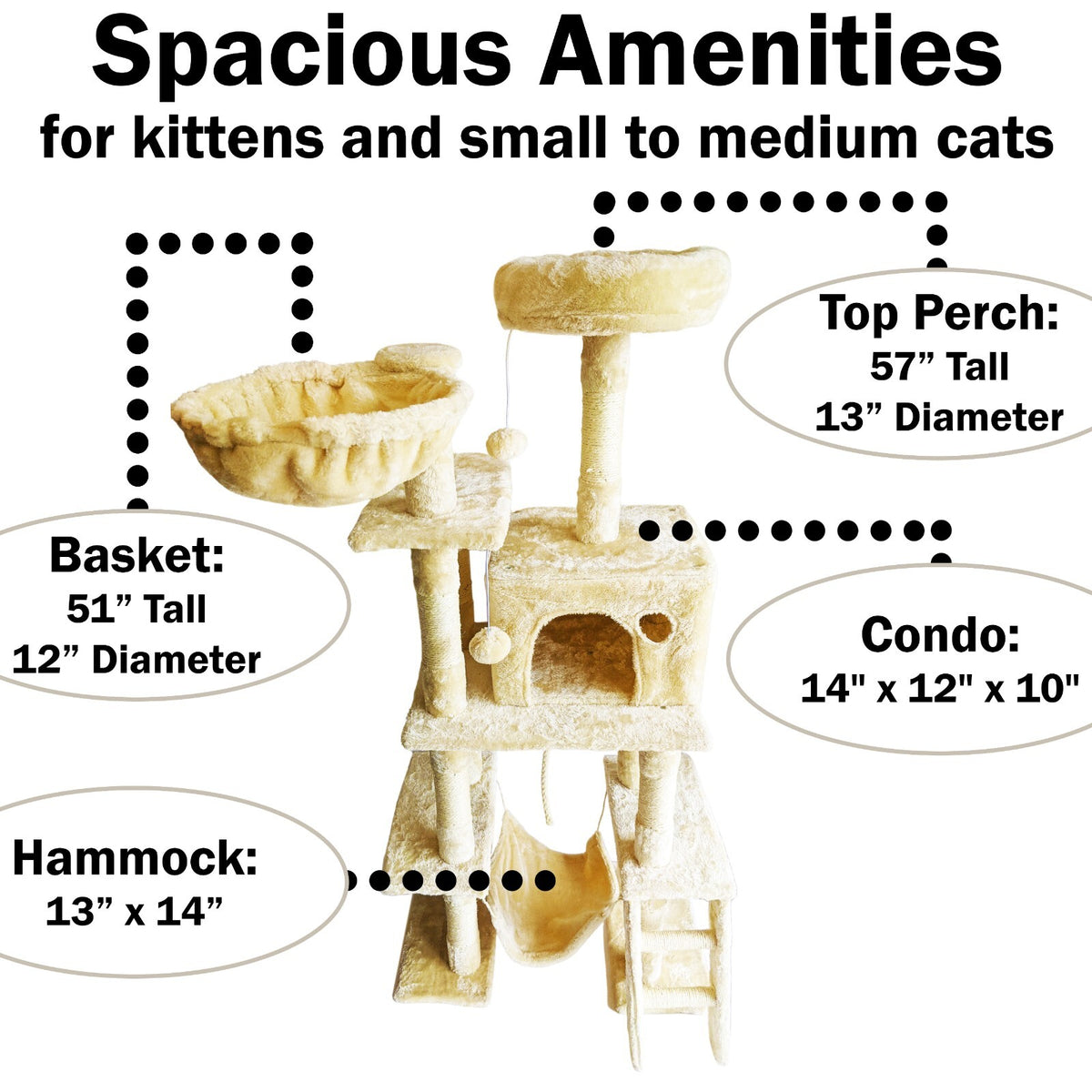 Beige Cat Tree Tower for Indoor Cats & Kittens, 57" Tall Multi-Level Condo Perch