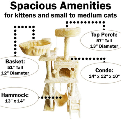 Beige Cat Tree Tower for Indoor Cats & Kittens, 57" Tall Multi-Level Condo Perch