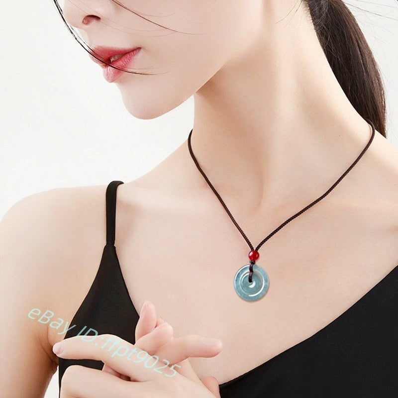 Grade A Natural Blue Jade Jadeite Men Women Lucky Circle Peace Pendant Gift