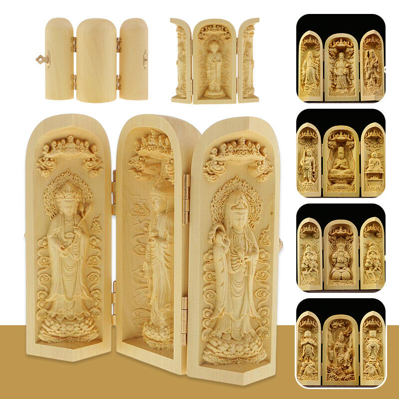 Buddha Statue Carved Wooden Sculpture Decor Three Open Box Home Ornaments NEW