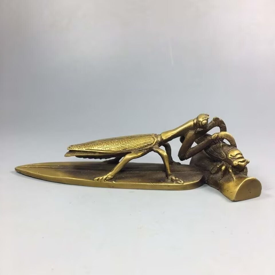 Brass Manti Stalking Cicada Statue Paper Weight Collection Table Zen Decor