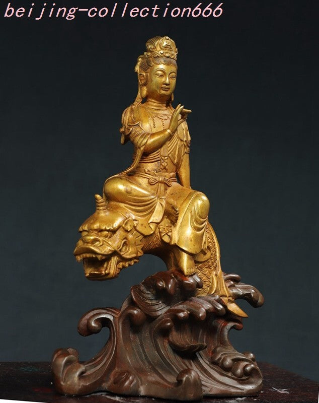 12'' Tibet Bronze Gilt Ride Dragon Fish Kwan-Yin GuanYin Goddess Buddha Statue