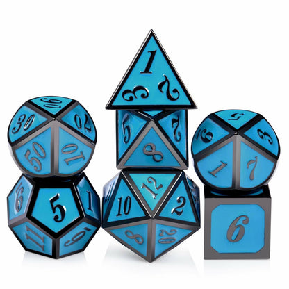 Set of 7 Metal Dice Set with Storage Box - Turquoise with Gunmetal Numbers