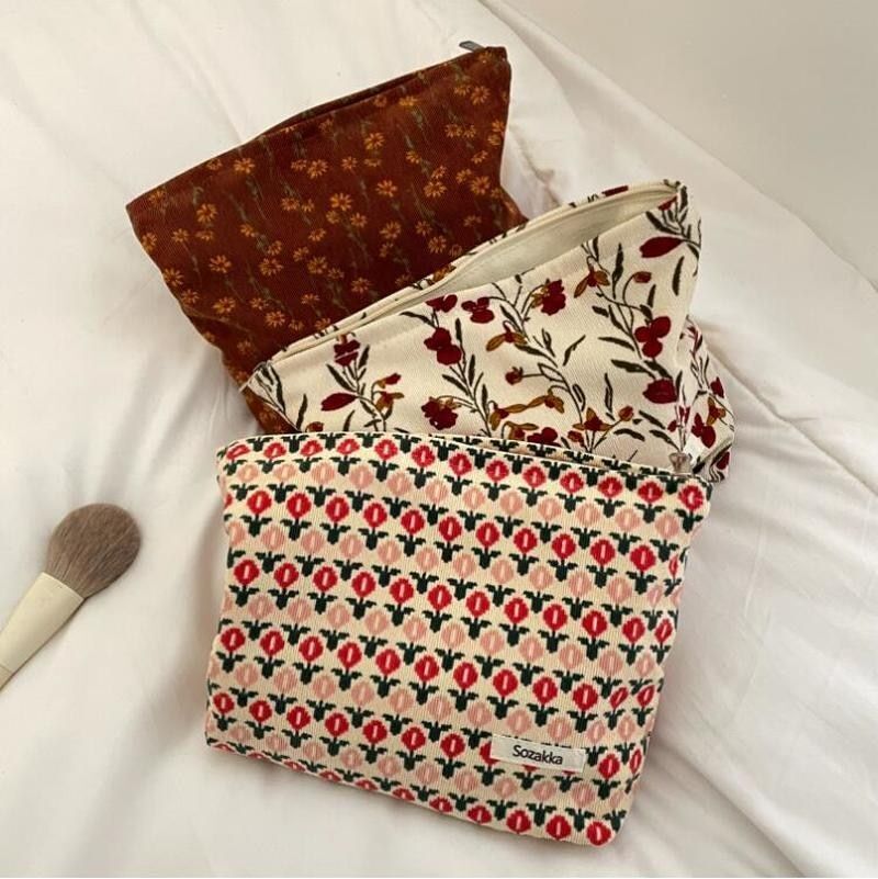 Fashion Corduroy Cosmetic Bag Retro Flower Print Travelling Beauty Storage Bags