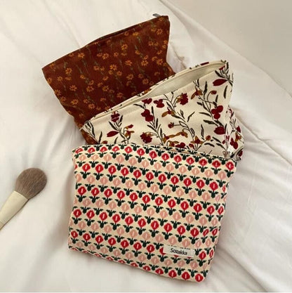 Fashion Corduroy Cosmetic Bag Retro Flower Print Travelling Beauty Storage Bags