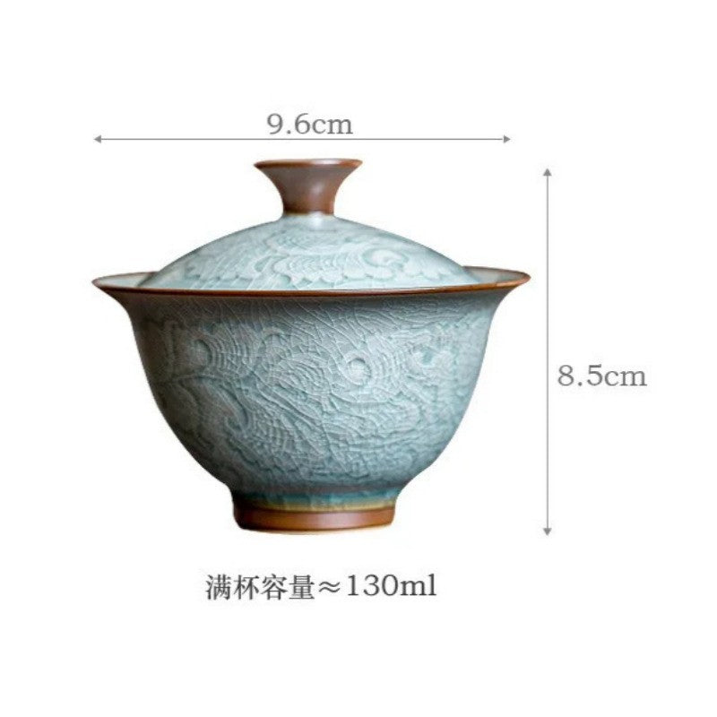 Glazed Relief Peony Gaiwan Tea Tureen Tea Cover Bowl Chinese Tea Set Craft
