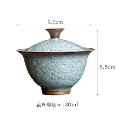 Glazed Relief Peony Gaiwan Tea Tureen Tea Cover Bowl Chinese Tea Set Craft