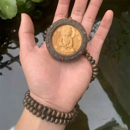 China Natural Wood Carving KWAN-YIN Pendant Blessing Abacus Beads Necklace Gift