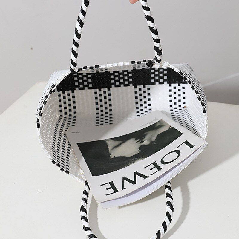 Plastic Hand-woven Bag Large Square Shopping Basket Bag Shoulder Purse Tote Bags