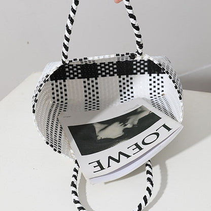 Plastic Hand-woven Bag Large Square Shopping Basket Bag Shoulder Purse Tote Bags