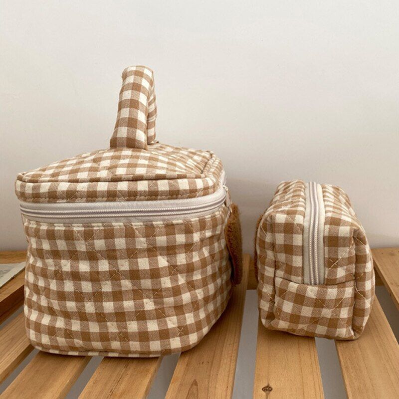 Cute Bear Makeup Bag Large Portable Cosmetic Bags Zipper Cotton Plaid Pouch Case