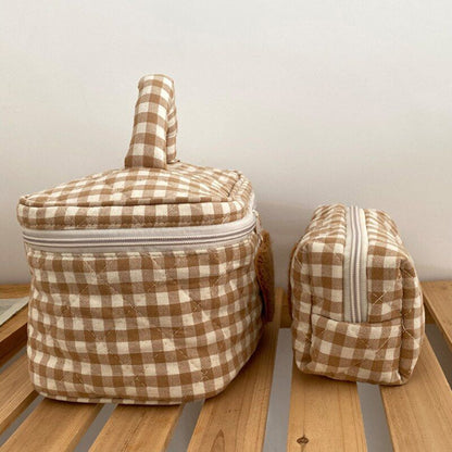 Cute Bear Makeup Bag Large Portable Cosmetic Bags Zipper Cotton Plaid Pouch Case