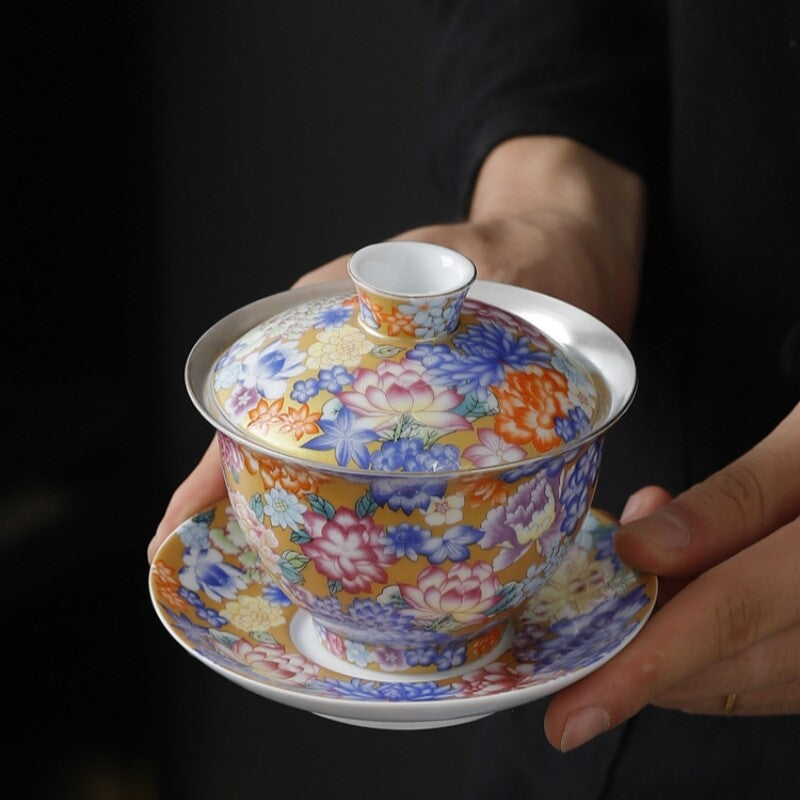 Enamel Craft Complete Tea Set Pure Silver Porcelain Gaiwan Tea Pot Cup Pitcher