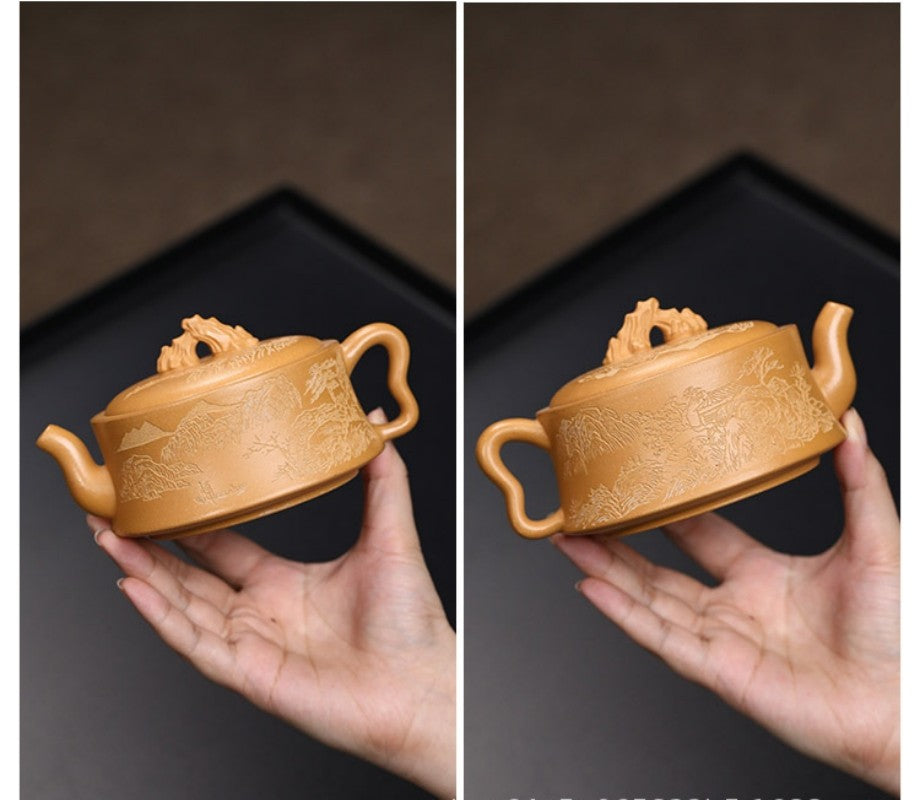 True Yixing Zisha Duan Clay Tea Pot HanWa Pot 7 Infuser Holes Carved Kungfu Pots