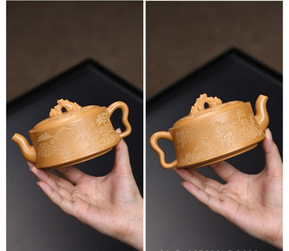 True Yixing Zisha Duan Clay Tea Pot HanWa Pot 7 Infuser Holes Carved Kungfu Pots