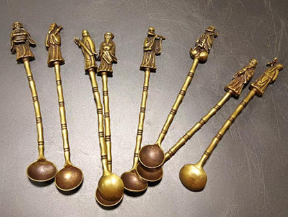 8pcs Exquisite Chinese Old Brass Handmade Carved Eight Immortals Small Spoon