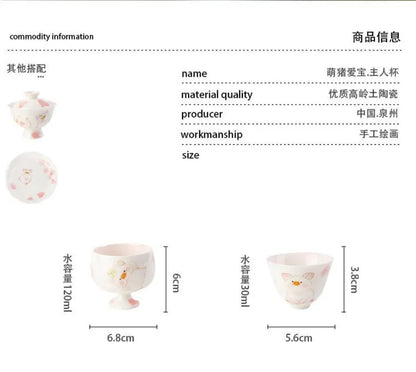 1Pc Chinese Jingdezhen Ceramic Hand Painted Cute Pig Teacup Cup Tea Bowl