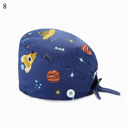 Unisex Surgical Scrub Cap Doctor Nurse Cotton Cartoon Adjustable Hats Buttons