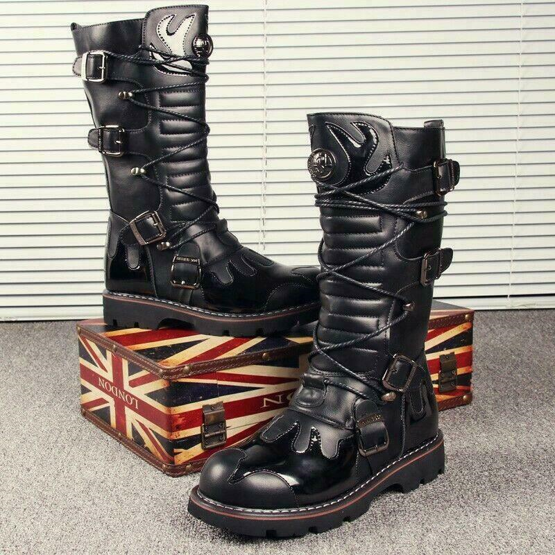 Gothic Mens Punk Lace Up Knee High Boot Military Motorcycle Black Biker Shoes