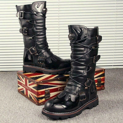 Gothic Mens Punk Lace Up Knee High Boot Military Motorcycle Black Biker Shoes
