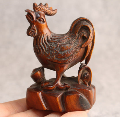 Rare Collection Chinese Boxwood Wood Carving cock Statue Wooden table decor