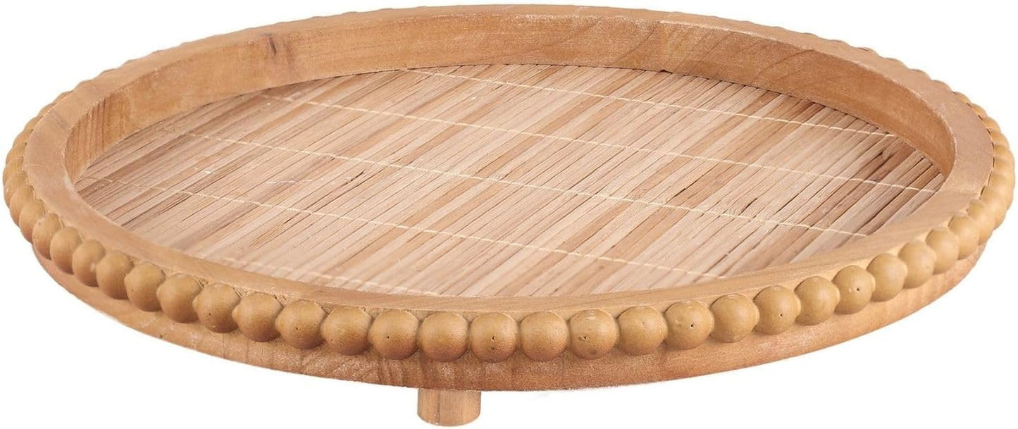 Round Wooden Tray Bamboo Coffee Table Beaded Decorative Home Kitchen Countertop